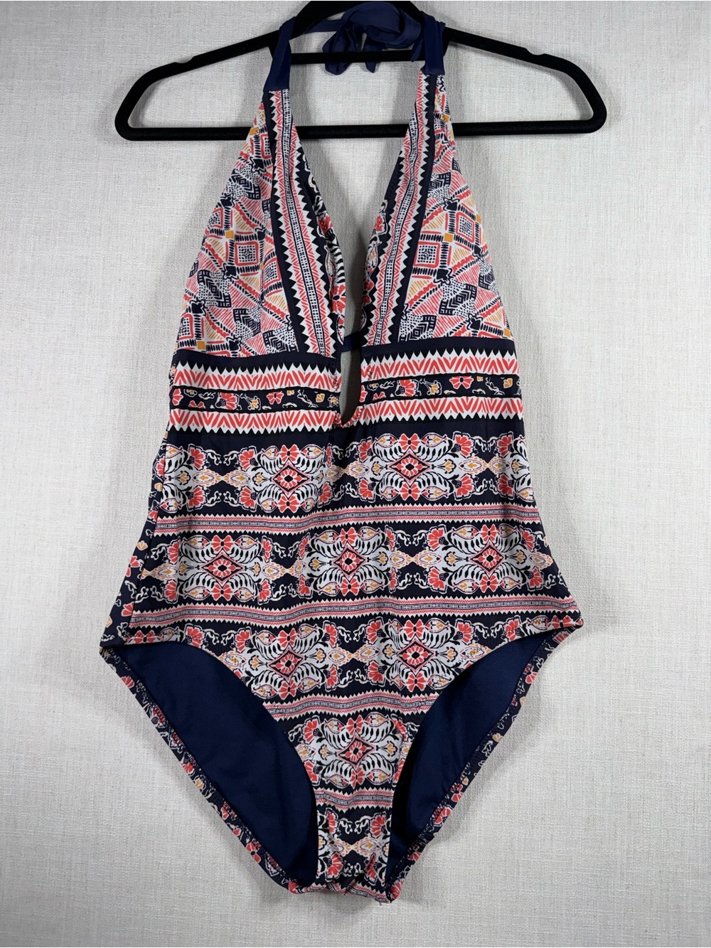 Kona Sol Navy, Coral & White Patterned Halter One-Piece Swimsuit